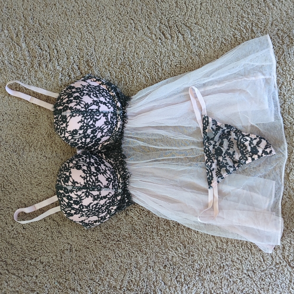 Baby Pink & Black Lace & Mesh Babydoll Set